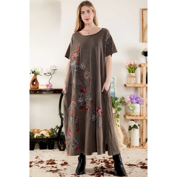 Blue Velvet Dresses & Skirts - Blue Velvet Maxi Dress Floral Embroidery Charcoal Mocha Brown Lagenlook Boho